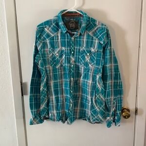 BKE turquoise plaid long sleeve button down shirt with white snaps